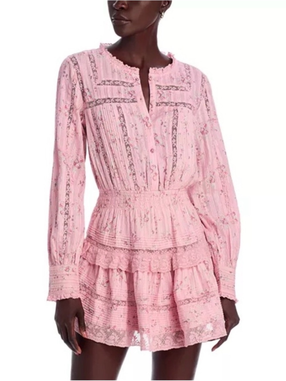LoveShackFancy Quincy Dress - Pink Floral Lace-Trim Long-Sleeve Mini Dress